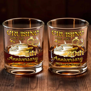 Cruising Into Our Anniversary With Cruise Ship And Wedding Rings - Personalized Custom Whiskey Glass - CPL1283_RWG