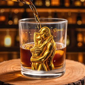 Our Love Is Golden Hugging Couple With Stars - Personalized Custom Whiskey Glass - CPL1374_RWG