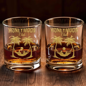 Honeymoon Club Palm Trees And Hammock Sunset Couple - Personalized Custom Whiskey Glass - CPL1379_RWG