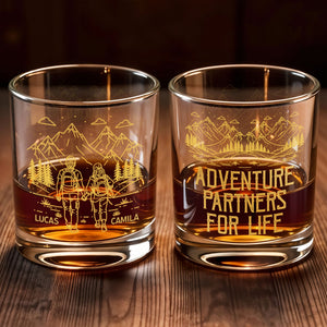 Adventuring Together Side By Side With Mountain And Hiking Couple - Personalized Custom Whiskey Glass - CPL1384_RWG