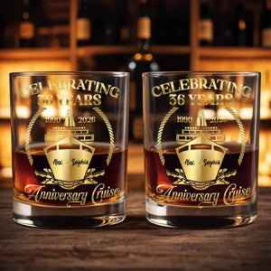 Celebrating Anniversary Cruise With Golden Cruise Ship And Nautical Frame - Personalized Custom Whiskey Glass - CPL1431_RWG