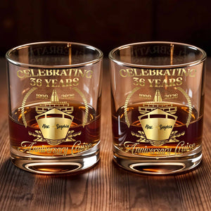 Celebrating Anniversary Cruise With Golden Cruise Ship And Nautical Frame - Personalized Custom Whiskey Glass - CPL1431_RWG