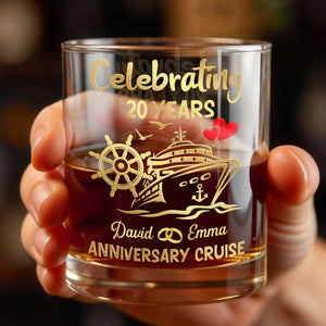 Celebrating Anniversary Cruise Ship Wheel And Hearts Design - Personalized Custom Whiskey Glass - CPL1432_RWG