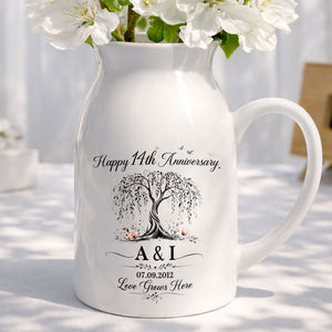Happy Anniversary Love Grows Here Willow Tree And Flowers - Personalized Ceramic Flower Vase