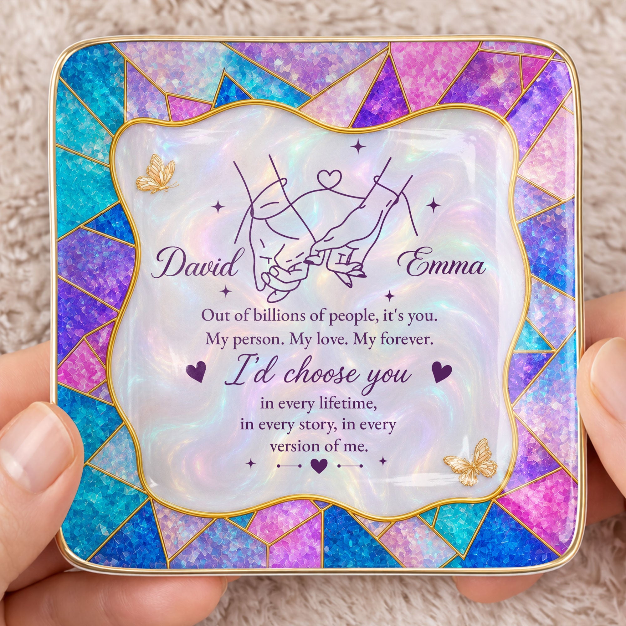 Out Of Billions Of People Holding Hands Stained Glass - Personalized Custom Jewelry Dish, Ceramic Dish, Square Shape - CPL1584_SCRF