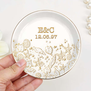 Our Special Day At The Beach With Starfish And Shells - Personalized Custom Jewelry Dish, Ceramic Dish, Round Shape - CPL1662_RCRF