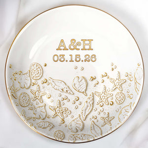Our Special Day At The Beach With Starfish And Shells - Personalized Custom Jewelry Dish, Ceramic Dish, Round Shape - CPL1662_RCRF