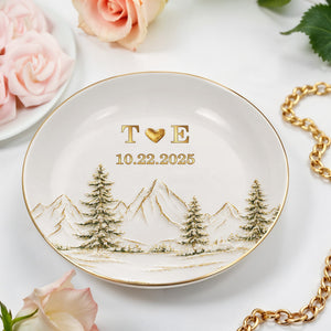 Our Love Is The Greatest Adventure Mountains And Pine Trees - Personalized Custom Jewelry Dish, Ceramic Dish, Round Shape - CPL1663_RCRF