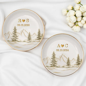 Our Love Is The Greatest Adventure Mountains And Pine Trees - Personalized Custom Jewelry Dish, Ceramic Dish, Round Shape - CPL1663_RCRF