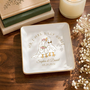 Mr. & Mrs. Silly Goose Wedding Couple Geese And Flowers - Personalized Custom Jewelry Dish, Square Ceramic Dish - CPL1665_SCRD