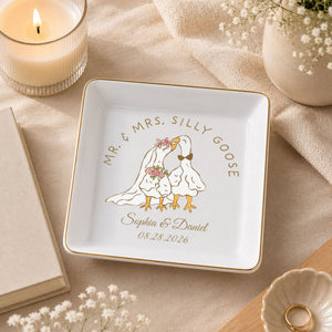 Mr. & Mrs. Silly Goose Wedding Couple Geese And Flowers - Personalized Custom Jewelry Dish, Square Ceramic Dish - CPL1665_SCRD