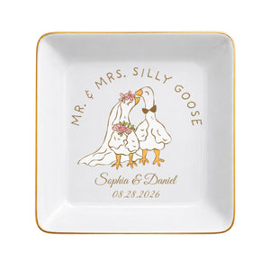 Mr. & Mrs. Silly Goose Wedding Couple Geese And Flowers - Personalized Custom Jewelry Dish, Square Ceramic Dish - CPL1665_SCRD
