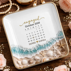 Engaged Calendar Personalized Beach Sea Waves And Seashells - Personalized Custom Jewelry Dish, Ceramic Dish, Square Shape - CPL1666_SCRF