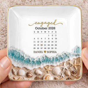 Engaged Calendar Personalized Beach Sea Waves And Seashells - Personalized Custom Jewelry Dish, Ceramic Dish, Square Shape - CPL1666_SCRF