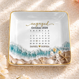 Engaged Calendar Personalized Beach Sea Waves And Seashells - Personalized Custom Jewelry Dish, Ceramic Dish, Square Shape - CPL1666_SCRF