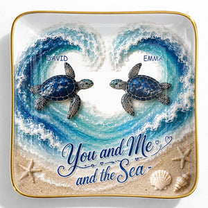 You And Me And The Sea Custom Turtles Heart Ocean Waves - Personalized Custom Jewelry Dish, Ceramic Dish, Square Shape - CPL1689_SCRF