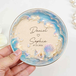 Our Love At The Beach, Ocean Waves And Sea Shells - Personalized Custom Jewelry Dish, Ceramic Dish, Round Shape - CPL1729_RCRF
