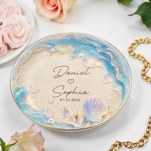 Our Love At The Beach, Ocean Waves And Sea Shells - Personalized Custom Jewelry Dish, Ceramic Dish, Round Shape - CPL1729_RCRF