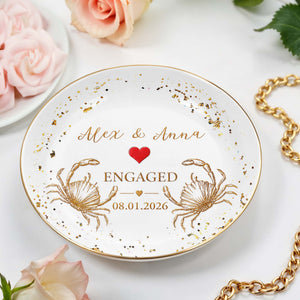 Engaged Couple With Golden Beach Crabs And Red Heart - Personalized Custom Jewelry Dish, Ceramic Dish, Round Shape - CPL1740_RCRF