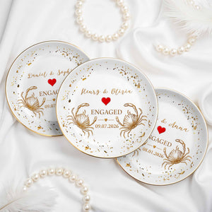 Engaged Couple With Golden Beach Crabs And Red Heart - Personalized Custom Jewelry Dish, Ceramic Dish, Round Shape - CPL1740_RCRF
