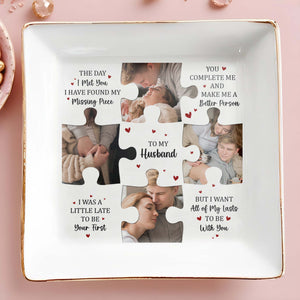Missing Piece Puzzle Hearts Message To Husband - Personalized Custom Jewelry Dish, Square Ceramic Dish - CPL293_SCRD