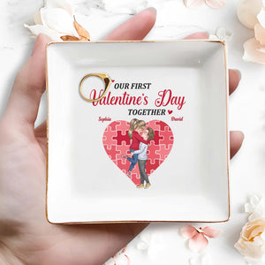 Our First Valentine's Day Together Heart And Puzzle - Personalized Custom Jewelry Dish, Square Ceramic Dish - CPL311_SCRD