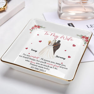 To My Wife, Flowers And Hearts - Personalized Custom Jewelry Dish, Ceramic Dish, Square Shape - CPL464_SCRF