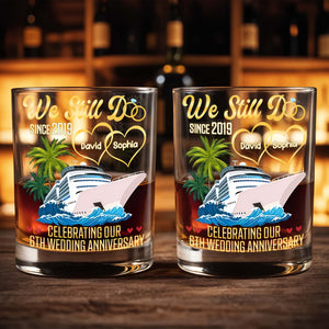 Celebrating Our Wedding Anniversary, Palm Trees And Cruise Ship - Personalized Custom Whiskey Glass - CPL978_RWG