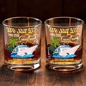 Celebrating Our Wedding Anniversary, Palm Trees And Cruise Ship - Personalized Custom Whiskey Glass - CPL978_RWG