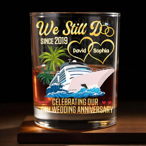 Celebrating Our Wedding Anniversary, Palm Trees And Cruise Ship - Personalized Custom Whiskey Glass - CPL978_RWG