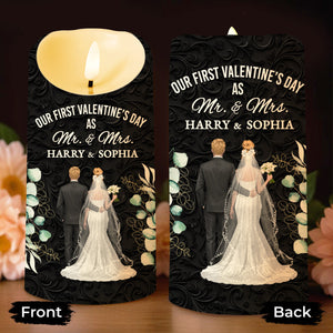 Our First Valentine's Day As Mr. & Mrs., Couple And Flowers - Personalized Custom LED Candle - CPL991_LECA