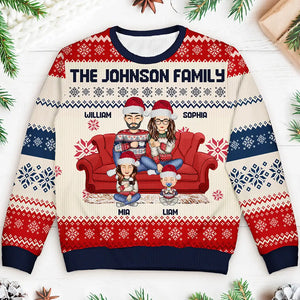 Cartoon Couple With Kids And Pets Personalized Unisex Ugly Sweater