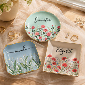 Custom Birth Flower & Name Personalized Jewelry Dish