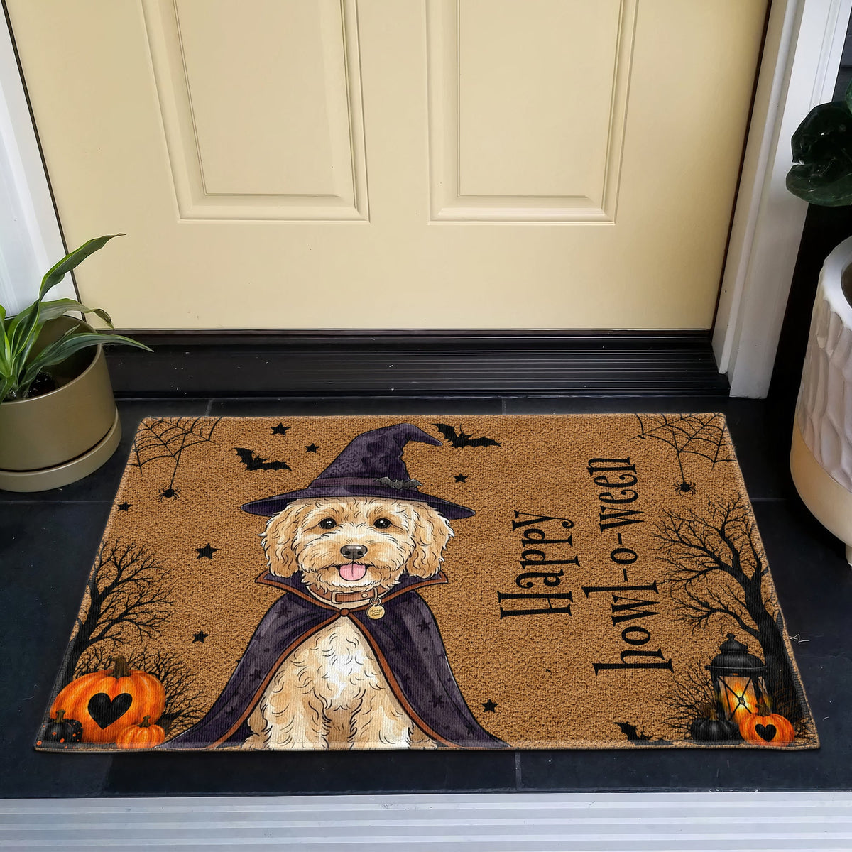 Custom Pet Portrait Watercolor Art Happy Halloween Doormat