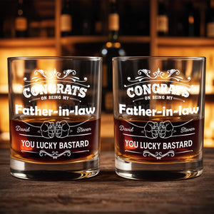 CONGRATS On Being My Father-in-law YOU LUCKY BASTARD, Congratulatory Banners and Clenched Fists - Personalized Custom Whiskey Glass - DAD037_RWG