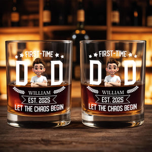 First-Time Dad, Let The Chaos Begin, Stars and Laurel - Personalized Custom Whiskey Glass - DAD089_RWG