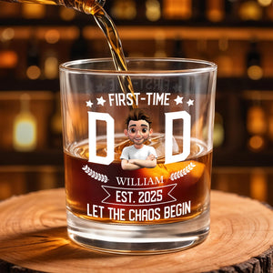 First-Time Dad, Let The Chaos Begin, Stars and Laurel - Personalized Custom Whiskey Glass - DAD089_RWG
