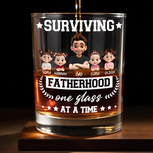 Surviving Fatherhood One Glass At A Time, Cartoon Family - Personalized Custom Whiskey Glass - DAD115_RWG