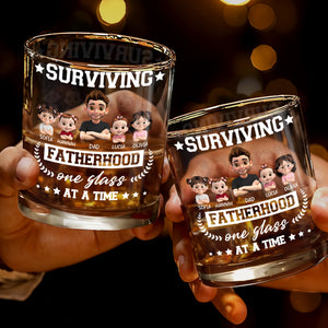 Surviving Fatherhood One Glass At A Time, Cartoon Family - Personalized Custom Whiskey Glass - DAD115_RWG