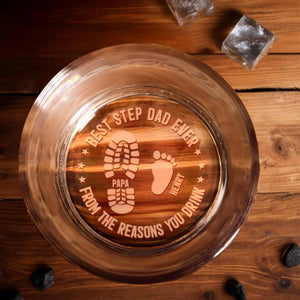 Best Step Dad Ever, Footprints Design - Personalized Engraved Whiskey Glass - DAD277_EWG
