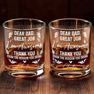 Dear Dad, Great Job I'm Awesome, Swirls And Hearts Design - Personalized Custom Whiskey Glass - DAD278_RWG