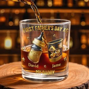 First Father's Day As My Daddy With Baby Bottle And Whiskey Glass - Personalized Custom Whiskey Glass - DAD282_RWG