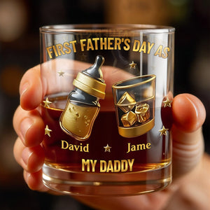 First Father's Day As My Daddy With Baby Bottle And Whiskey Glass - Personalized Custom Whiskey Glass - DAD282_RWG