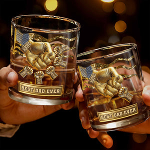 Best Dad Ever Fist Bump With American Flag - Personalized Custom Whiskey Glass - DAD300_RWG