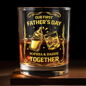 Our First Father's Day Together With Baby Bottle And Whiskey Glass - Personalized Custom Whiskey Glass - DAD319_RWG