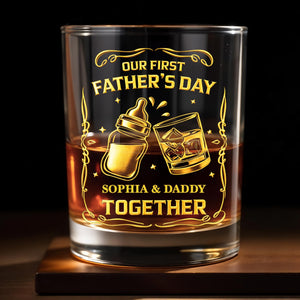 Our First Father's Day Together With Baby Bottle And Whiskey Glass - Personalized Custom Whiskey Glass - DAD319_RWG
