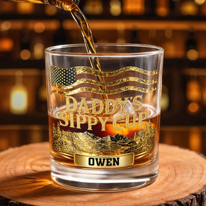 Daddy's Sippy Cup With American Flag And Golden Mountains - Personalized Custom Whiskey Glass - DAD350_RWG