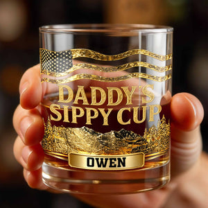 Daddy's Sippy Cup With American Flag And Golden Mountains - Personalized Custom Whiskey Glass - DAD350_RWG