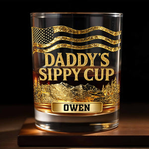 Daddy's Sippy Cup With American Flag And Golden Mountains - Personalized Custom Whiskey Glass - DAD350_RWG