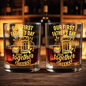 Our First Father's Day Daddy Together Cheers Baby Bottle And Beer Mug - Personalized Custom Whiskey Glass - DAD385_RWG